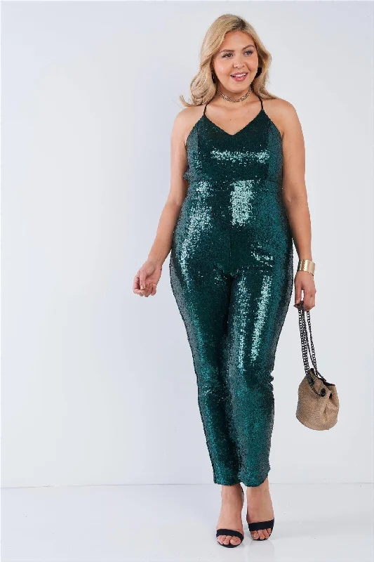 Junior Plus Hunter Green Sequin V-Neck Criss Cross Open Back Bodycon Jumpsuit /2-2-2VNeckTopPulse