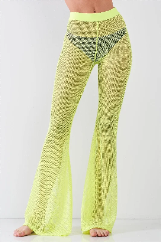 Striped PantsNeon Yellow Sheer Tennis Net Mesh High Waist Bell Bottom Pants