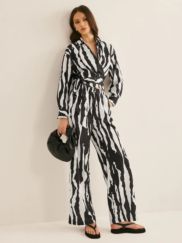 V-Neck Zebra Printed Pants Set