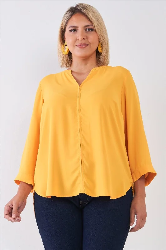 Junior Plus Size Tuscan Sun Yellow V-Neck Midi Sleeve Pleated Back Detail Relaxed Tunic Top /2-2-2VNeckTopRise