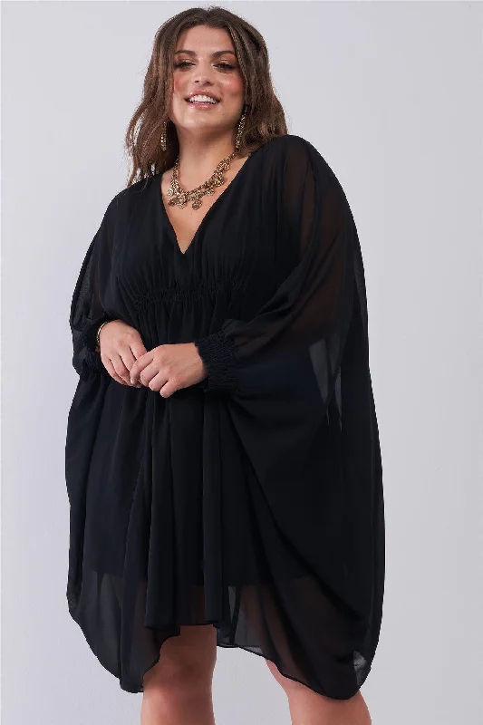 Junior Plus Black Poncho V-Neck Gathered Front Long Sleeve With Elasticated Cuff Mini Dress /2-2-2