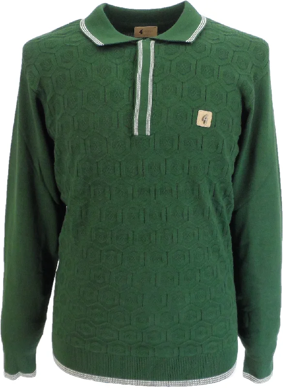 Knitted Button-UpGabicci Mens Forest Green Textured Retro Knitted Polo