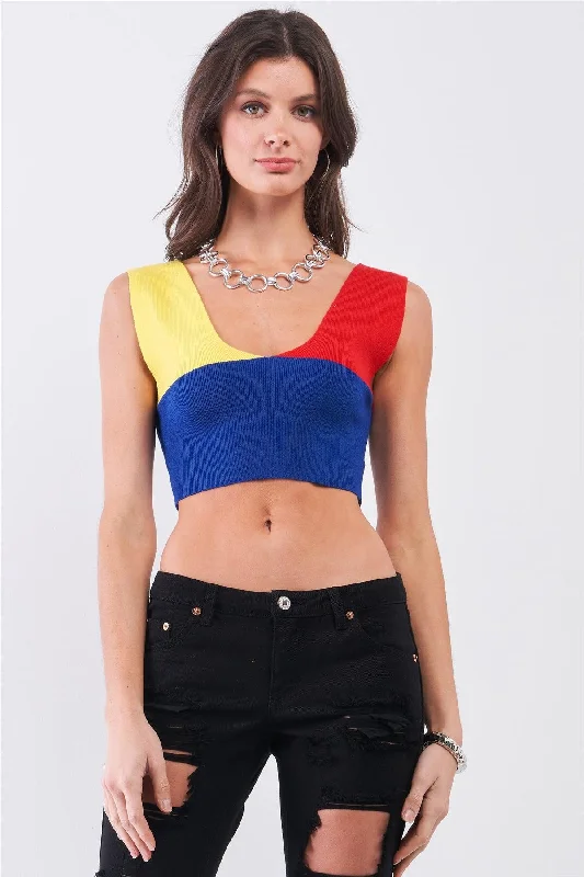 Yellow Red Blue Color Block Knit Deep V-Neck And Back Sleeveless Crop Tank Top /1-3-1VNeckTopMesa