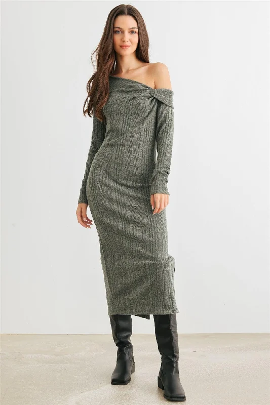 Dark Olive Ribbed Knit One Shoulder Long Sleeve Twist Detail Midi Dress /2-2-2