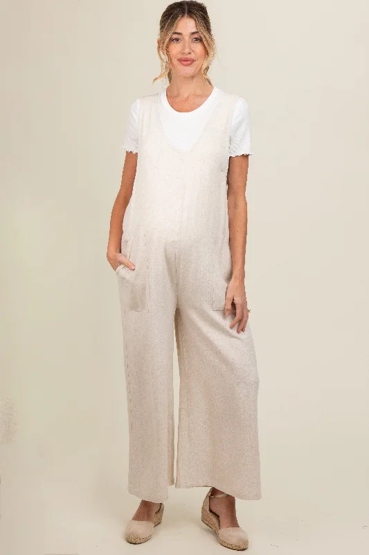 Beige V-Neck Wide Leg Maternity JumpsuitVNeckTopNest