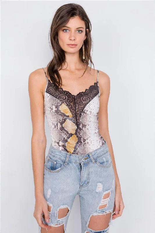 Brown Snake Print Lace V-Neck Combo Bodysuit /1-1-1-1-1VNeckTopRuby