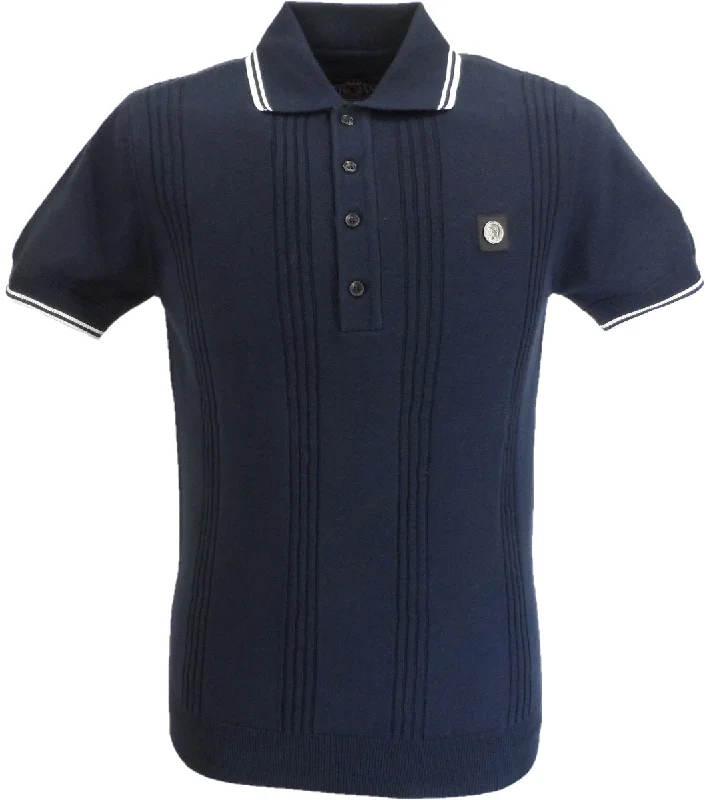 Knitted LightweightTrojan Records Mens Navy Blue Self Stripe Knitted Polo Shirt