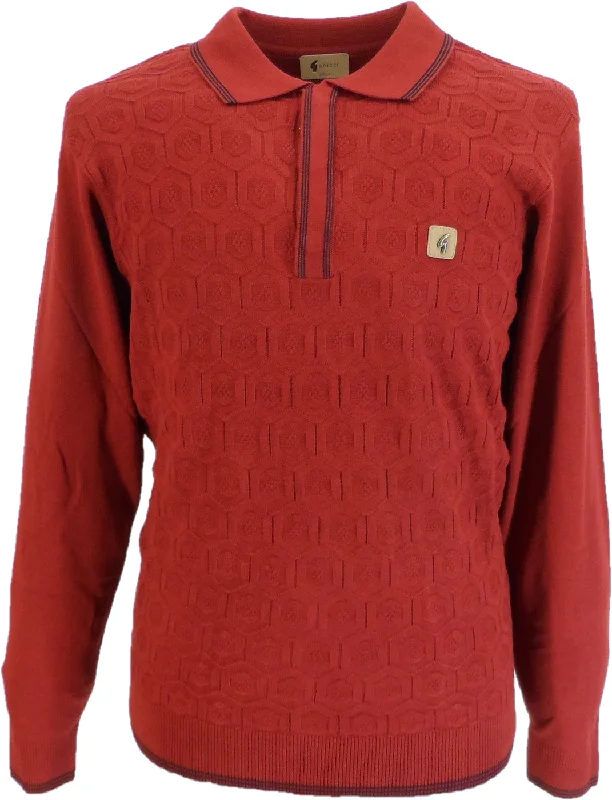 Knit TopGabicci Mens Rosso Red Geo Textured Retro Knitted Polo