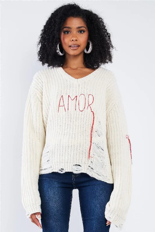 Natural "Amor" V-Neck Distressed Dolman Sleeve Knit Sweater /1-3-3VNeckTopGladiator