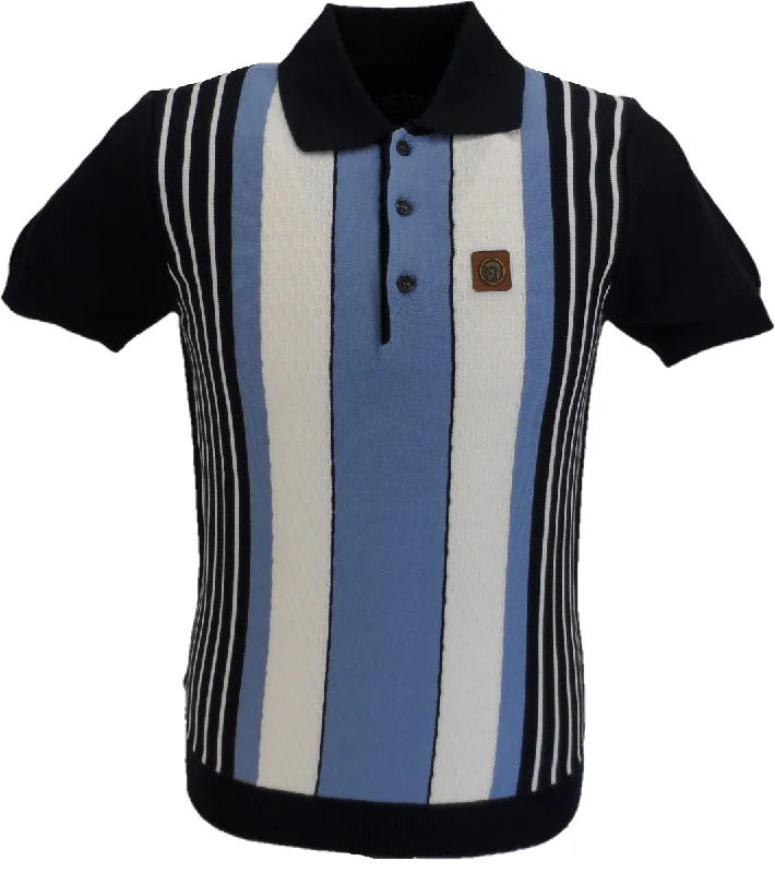 Knitted BeadedTrojan Records Navy Blue Striped Fine Gauge Knitted Polo Shirt