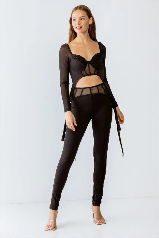 Bermuda ShortsBlack Rushed Bust Corset Mesh Long Sleeve Crop Top & High Waist Slim Fit Corset Detail Pants Set S-M-L/2-2-2