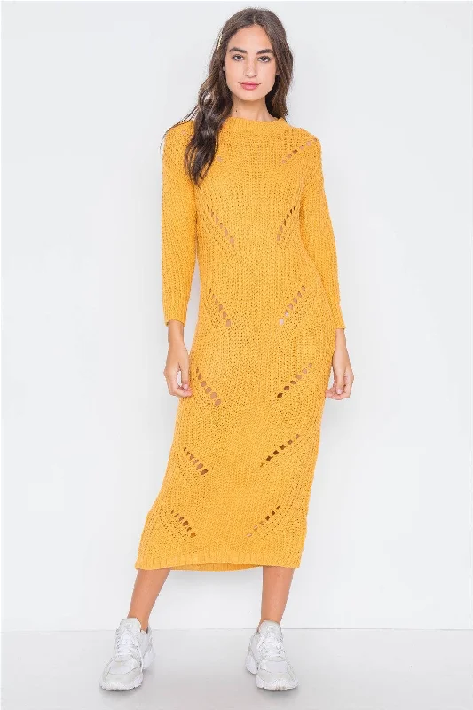 Yellow Chunky Knit Long Sleeve Sweater Dress / 3-3