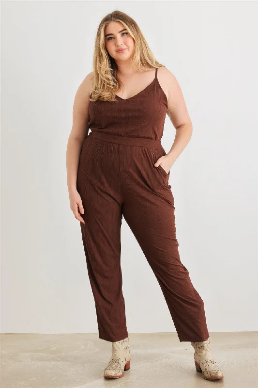 Junior Plus Brown Ribbed Two Pocket V-Neck Strappy Jumpsuit /3-2-1VNeckTopStellar