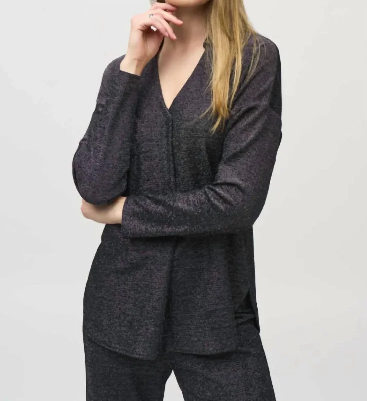 Knitted TurtleneckLurex Knit Straight Blouse In Black Silver