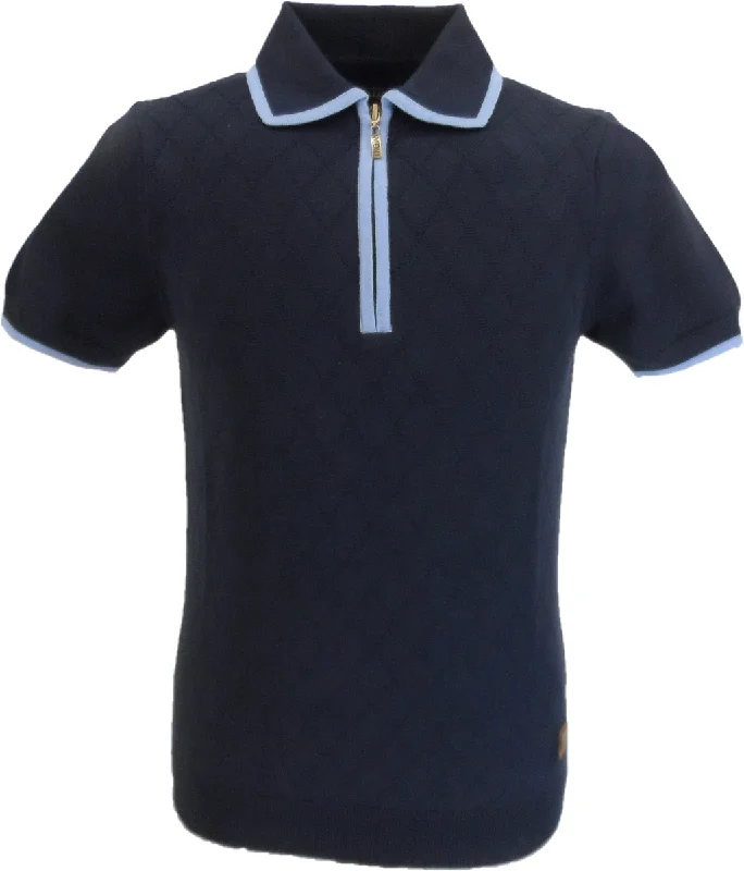 Knitted LooseTrojan Records Mens Navy Blue Diamond Zipped Knitted Polo Shirt