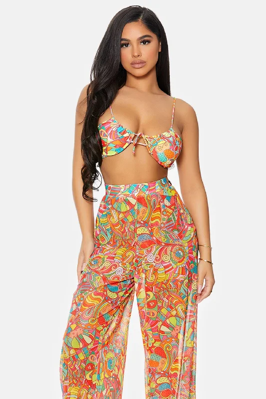 RompersMulti Kaleidoscope Coverup Mesh Sheer Pool Swimwear High Waist Bottom Pants