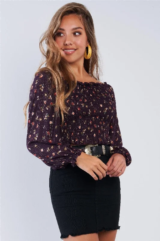 Plum Purple Long Sleeve Square Neck Gold Pin Stripped Floral Print Crop Top /2-2-2