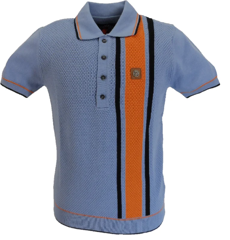 Knit Long SleeveTrojan Mens Powder Blue Textured Stripe Knitted Polo Shirt