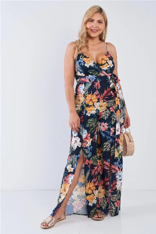 Junior Plus Size Navy Tropical Print V-Neck Wide Leg Slit Jumpsuit /2-2-2VNeckTopStellar