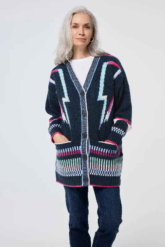 Knit BeadedNavy with Rainbow Statement Bolt Longline Cardigan