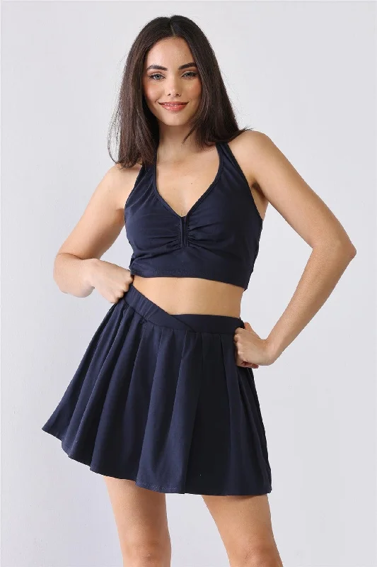 Cotton Ruched V-Neck Sleeveless Crop Top & High Waist Mini Skirt SetVNeckTopFusion