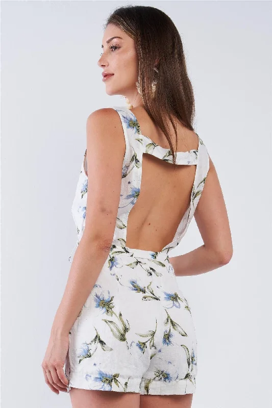 White Floral Print Cotton Relaxed Fit Sleeveless Cut Out Back V-Neck Belted Romper /1-2-2-1VNeckTopRise