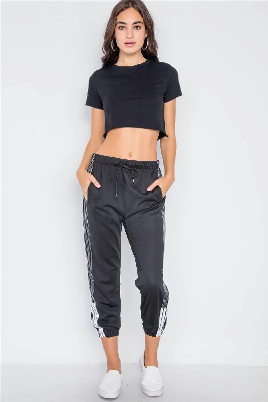 Tuxedo PantsBlack Mid-Rise Contrast Trim Sporty Joggers Pants /3-3