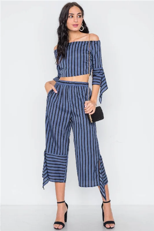 ShortsBlue Black Stripe Flounce Two Piece Top Pants Set /3-2-1