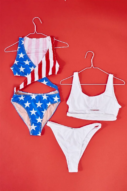 American Girl Flag Print Criss-Cross Front V-Neck Cut-Out Detail Open Back One-Piece Swimsuit /1-3-1VNeckTopTerra