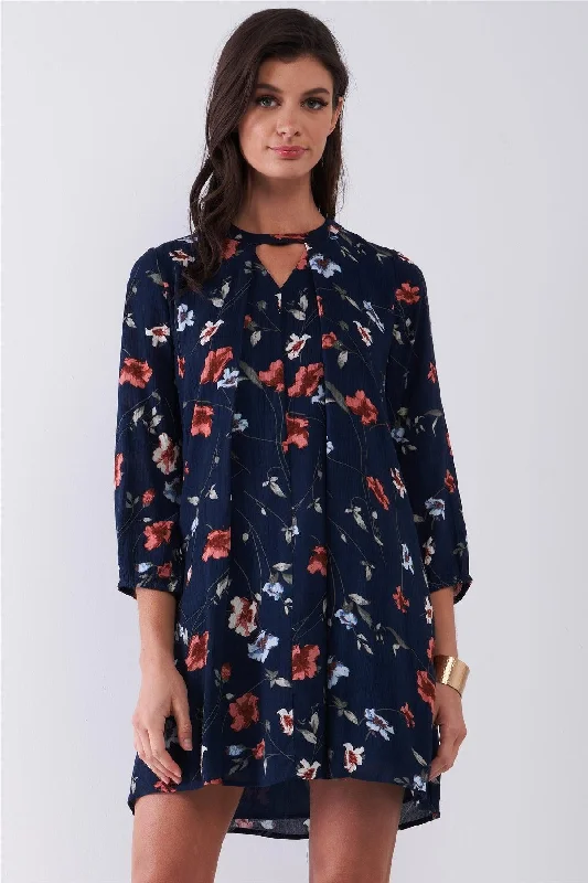 Navy Multicolor Floral Print Long Sleeve Pleated Front V-Neck Loose Mini Dress /2-2-1