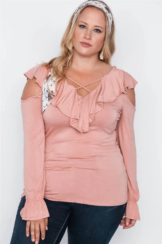 Plus Size Salmon Long Sleeve Flounce Top