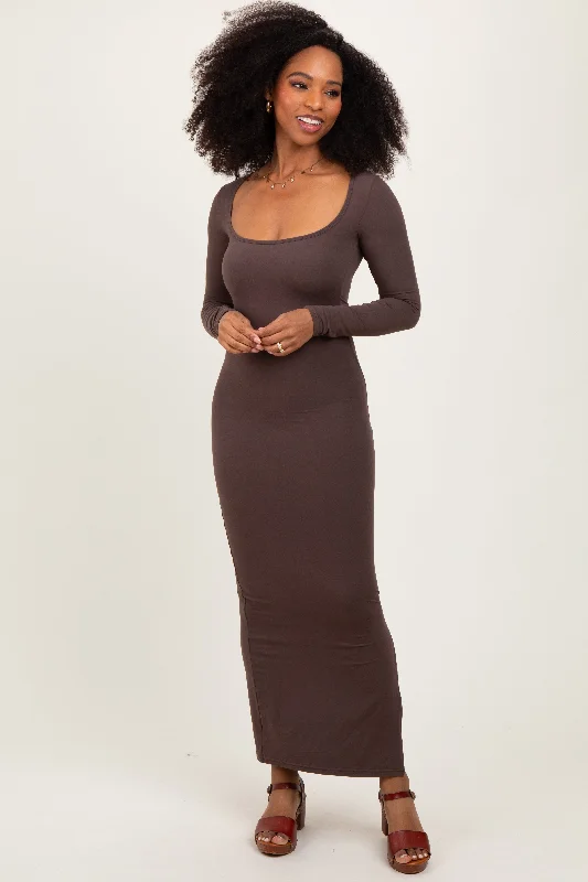 Mocha Long Sleeve Side Slit Maxi Dress