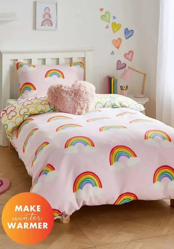 Catherine Lansfield Rainbow Hearts Fleece Duvet Set, Pink