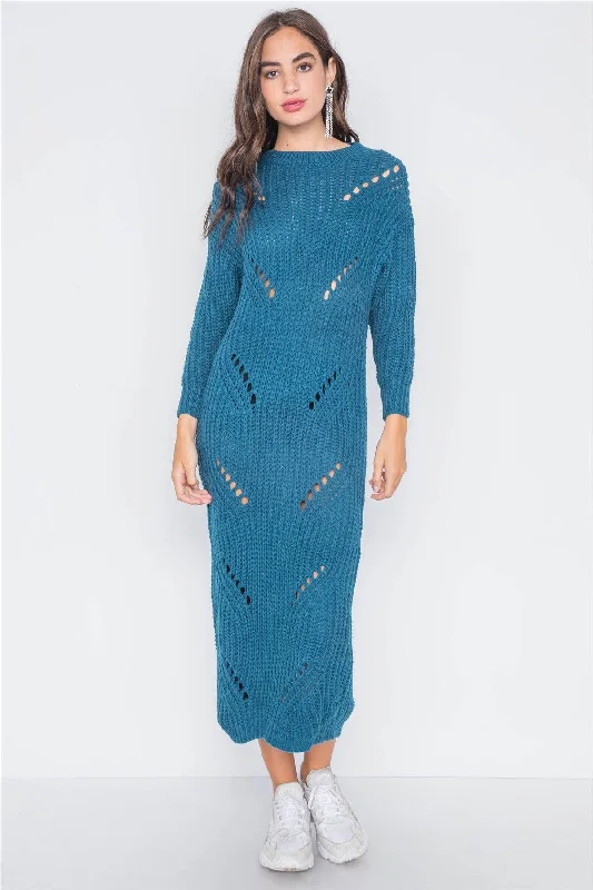 Teal Chunky Knit Long Sleeve Sweater Dress