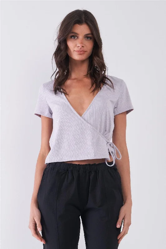 Lavender Ribbed Plunging V-Neck Self-Tie Wrap Detail Top /3-2-1VNeckTopGold