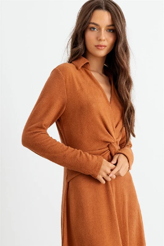 Rust Collar Neck Long Sleeve Twist Front Midi Dress /1-2-2