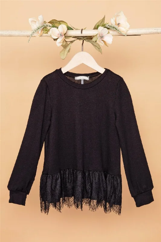 Toddler Girls Black Knit Long Sleeve Lace Hem Sweater /2-3