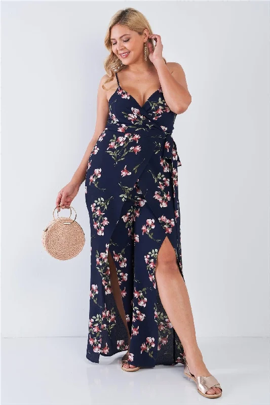 Junior Plus Size Navy Floral Print V-Neck Mock Wrap Wide Leg Slit Jumpsuit /3-2-2VNeckTopCosmo