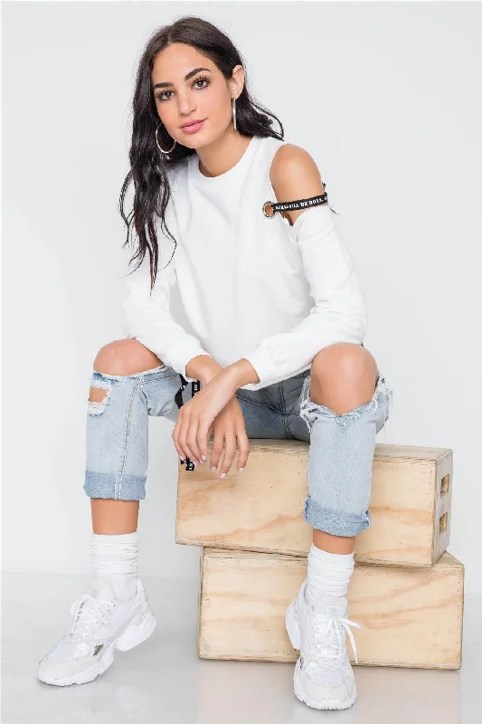 White Cold Shoulder Long Sleeve Knit Top