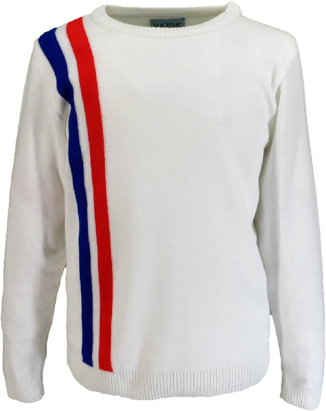 Knit VestMazeys Mens White Racing Crew Neck Jumper