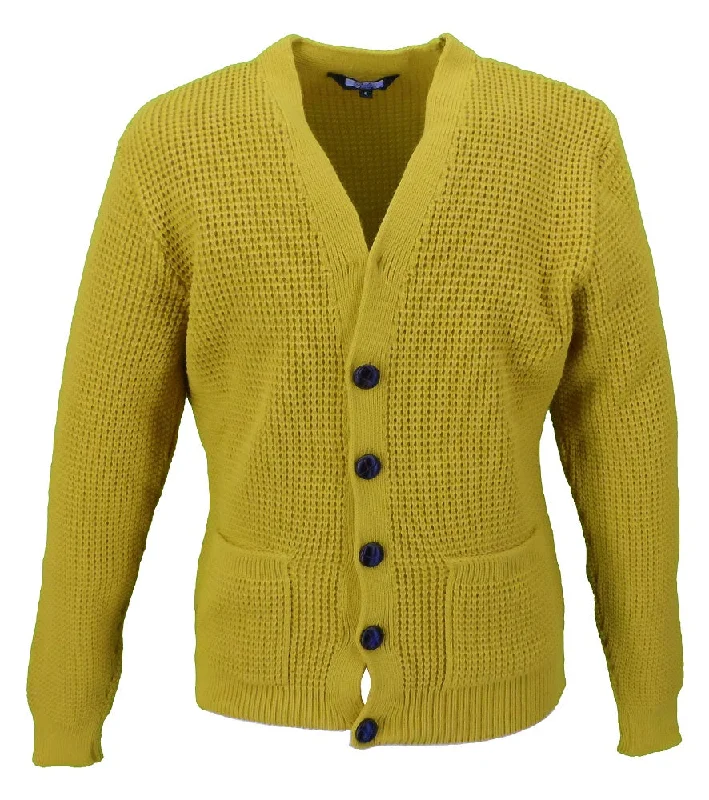 Knitted Button-UpRelco Classic Retro Waffle Knit Mustard Cardigan