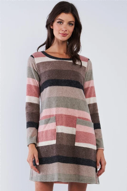 Brown Multicolor Soft Striped Loose Fit Long Sleeve Sweater Type Mini Dress With Front Pockets /2-2-2