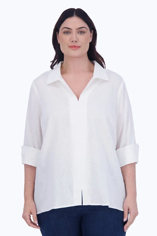 Mesh ShirtsAgnes Plus Solid Linen Popover Shirt, White