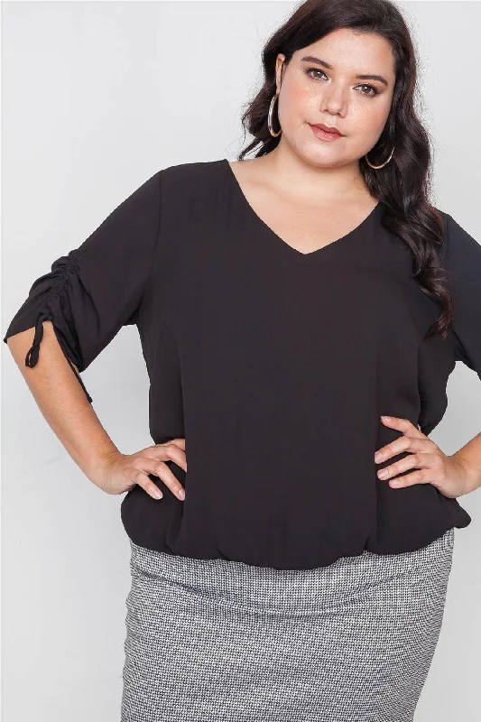 Plus Size Black Chiffon V-Neck Solid TopVNeckTopHorizon