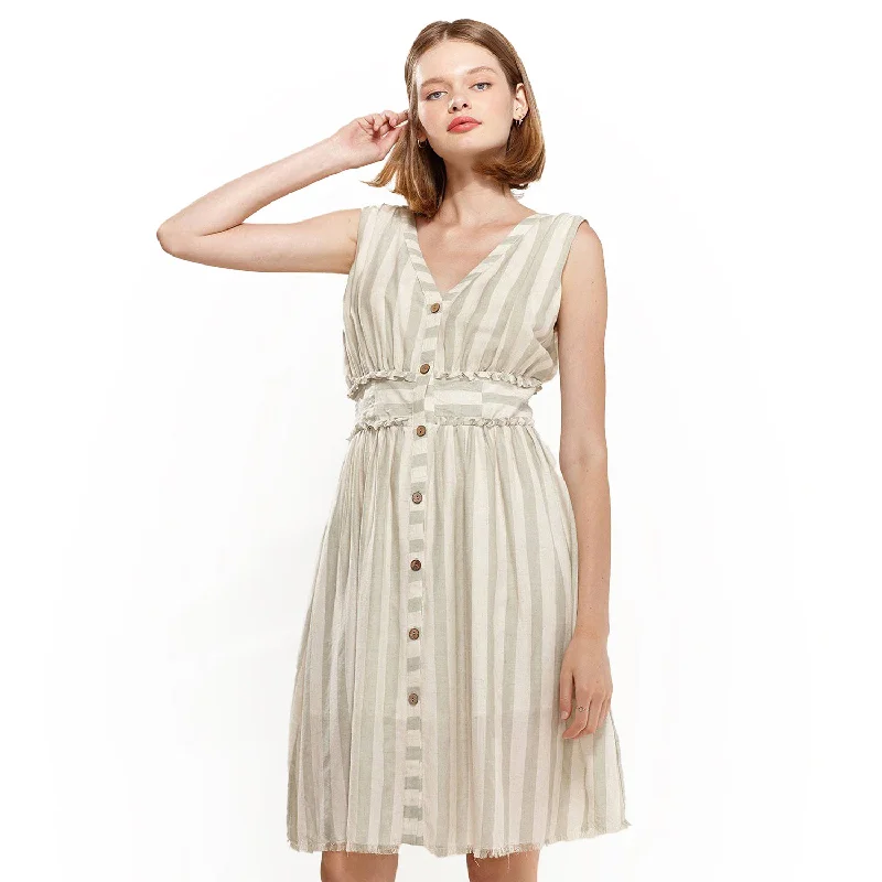 Retro DressWomen's Sleeveless Button Down Stripe Dress in Sage