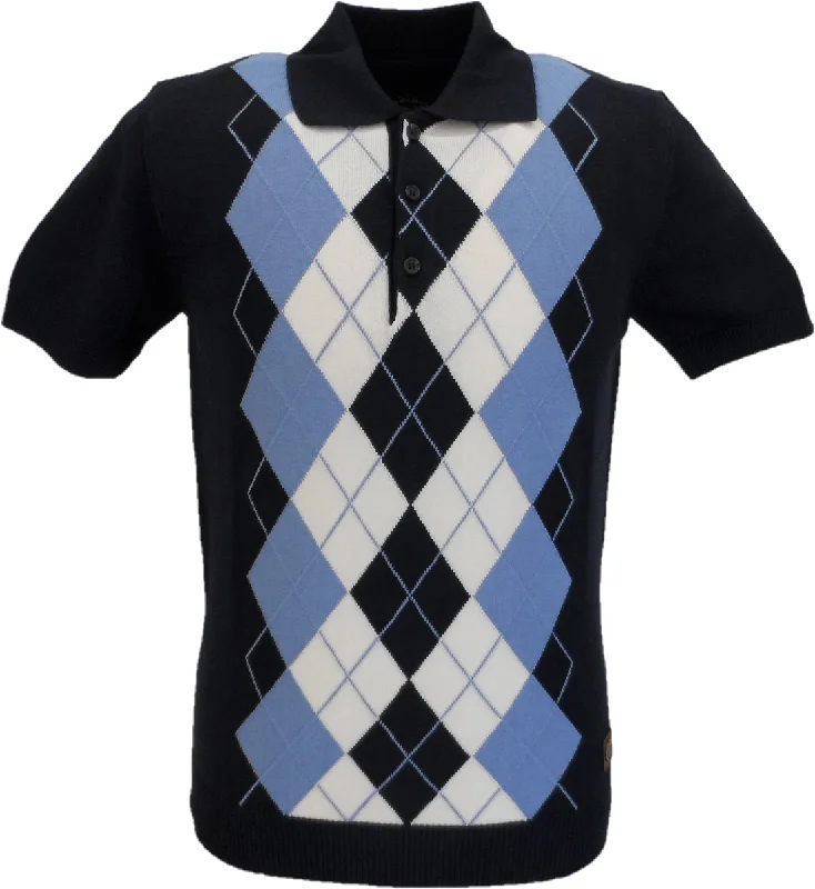 Knit PatternedTrojan Records Navy Blue Argyle Fine Gauge Knitted Polo Shirt