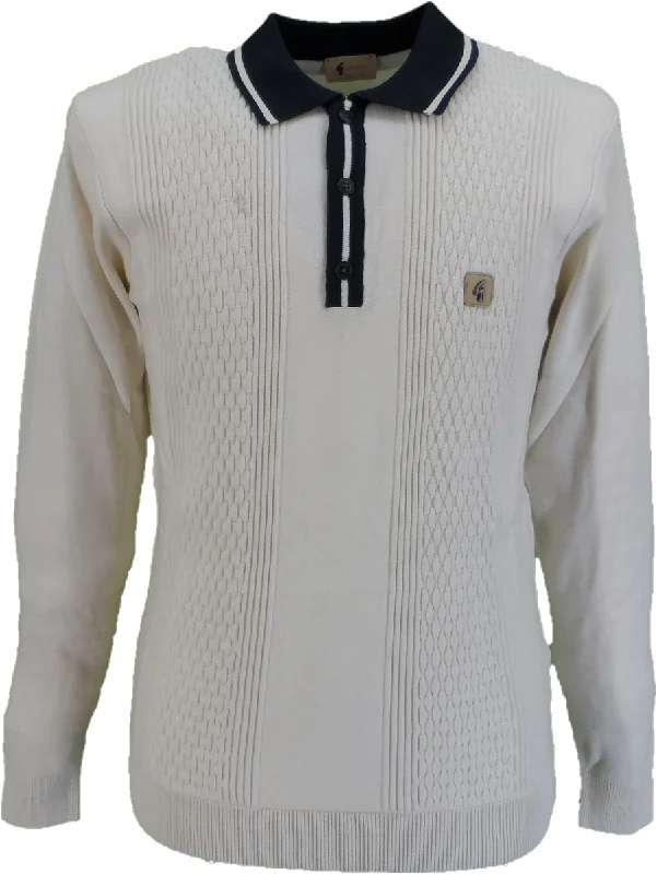 Knit LightweightGabicci Mens Cream/Navy Bethal Textured Retro Knitted Polo