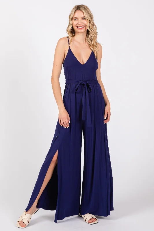 Navy Blue Sleeveless V-Neck Split Hem JumpsuitVNeckTopSapphire