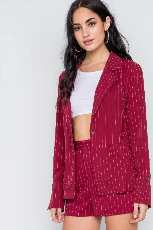 Wine Stripe Long Sleeve Front Button Blazer / 1-2-2-1