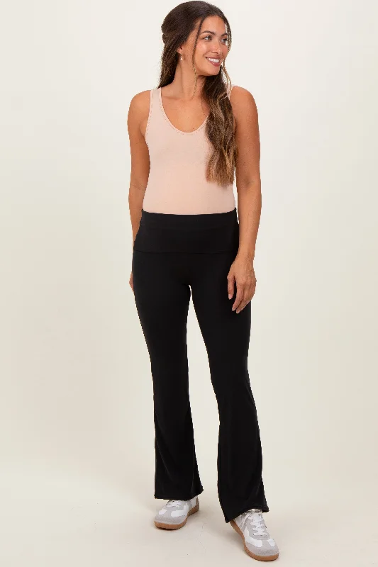 Linen PantsBlack Fold Over Waistband Maternity Flared Pants